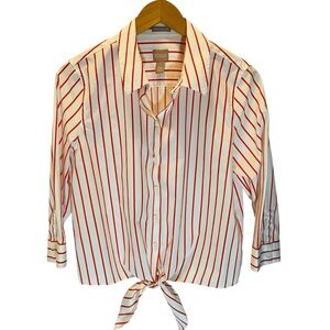 Chico's Red White Classic Striped Button Up Top Tie Front Preppy Coastal Sz M